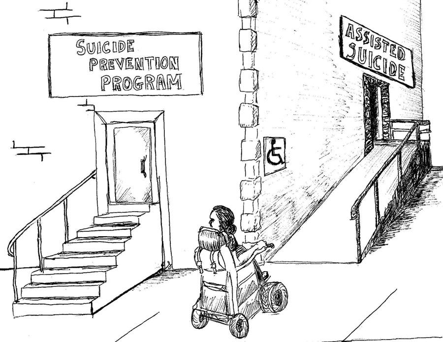 A wheelchair user notices that the office of the Suicide Prevention Program is inaccessible, whereas the office of the Assisted Suicide organization has a wheelchair ramp.A line drawing wherein a wheelchair user notices that the office of the Suicide Prevention Program is inaccessible, whereas the office of the Assisted Suicide organization has a wheelchair ramp.